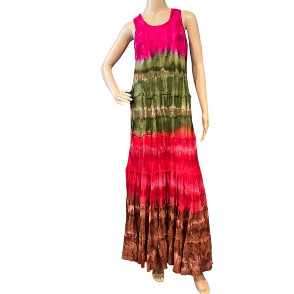 SOL Boho Resort Wear Vibrant Multicolor Tie Dye Cotton Sleeveless Maxi Dress M